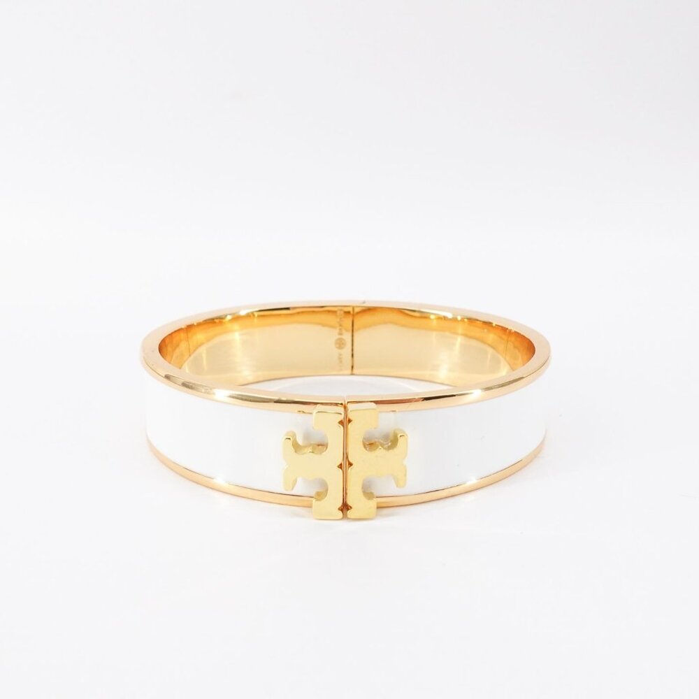 Tory Burch Enameled Kira Logo Hinged Bracelet Gold/ Ivory OS - Picture 8 of 10